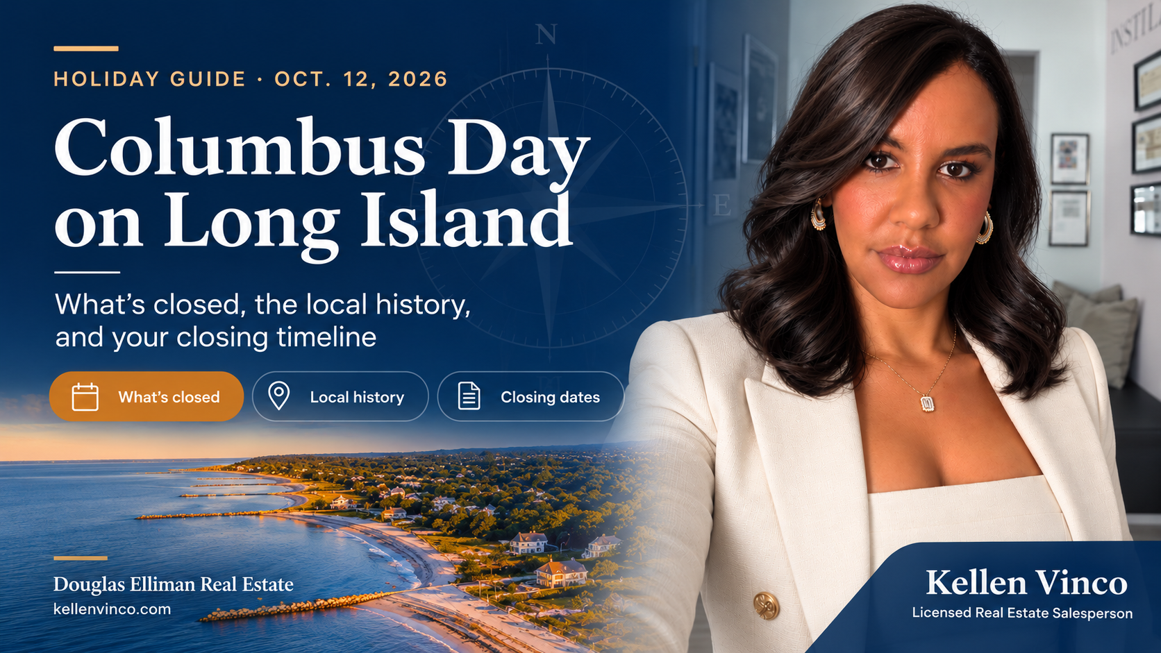 Kellen Vinco on a Columbus Day 2026 on Long Island guide cover with a compass and map grid