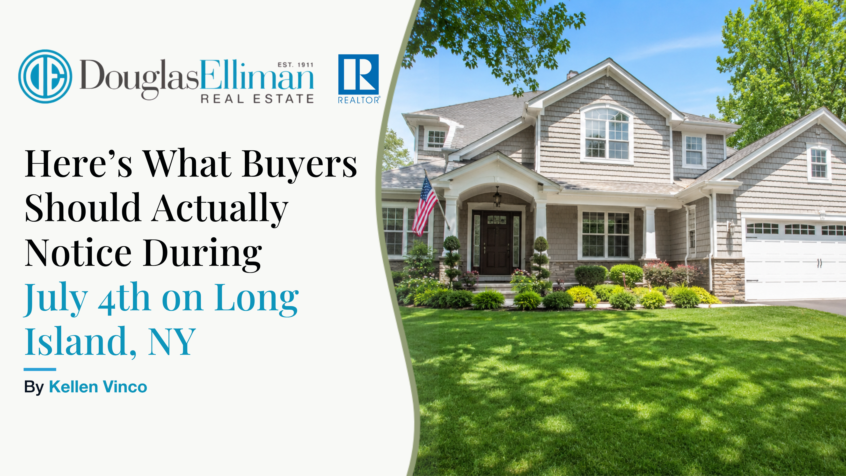 Real-style Long Island suburban home with American flag for July 4th weekend neighborhood buyer guide