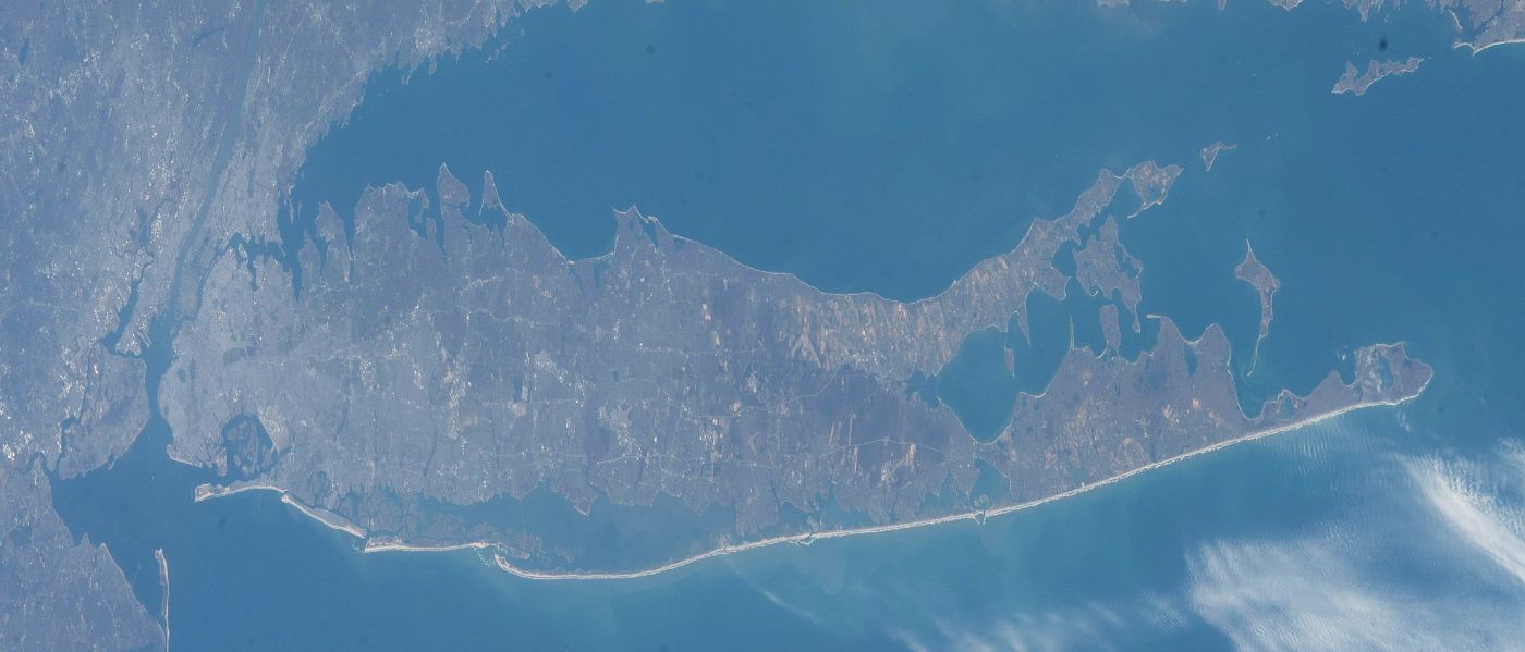 Long Island, New York, seen from the International Space Station, with Long Island Sound to the north and the Atlantic Ocean to the south